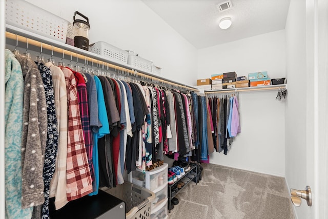 walk in closet featuring carpet floors