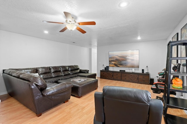 living room featuring ceiling fan, a textured ceiling, and light wood-type flooring