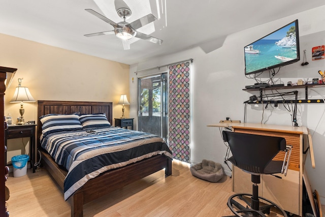 bedroom featuring ceiling fan and light hardwood / wood-style flooring