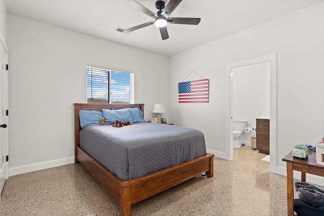 bedroom with ensuite bath and ceiling fan