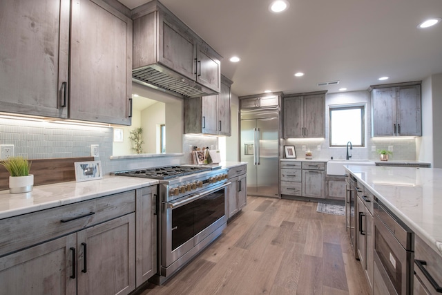 kitchen featuring light stone countertops, premium appliances, light hardwood / wood-style flooring, and backsplash