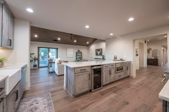 kitchen featuring appliances with stainless steel finishes, dark hardwood / wood-style floors, beverage cooler, and vaulted ceiling