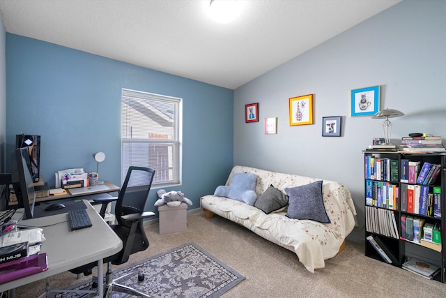 office with carpet floors and lofted ceiling