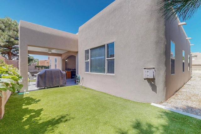 back of property with a yard, a patio, and ceiling fan