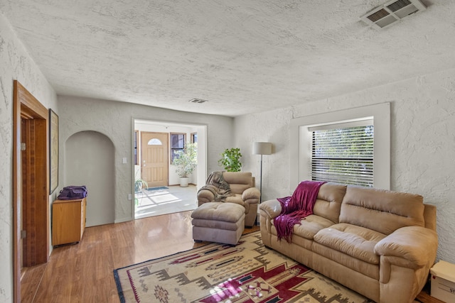 living room featuring a textured ceiling and light hardwood / wood-style flooring