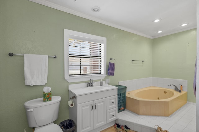 bathroom with tiled bath, crown molding, vanity, and toilet