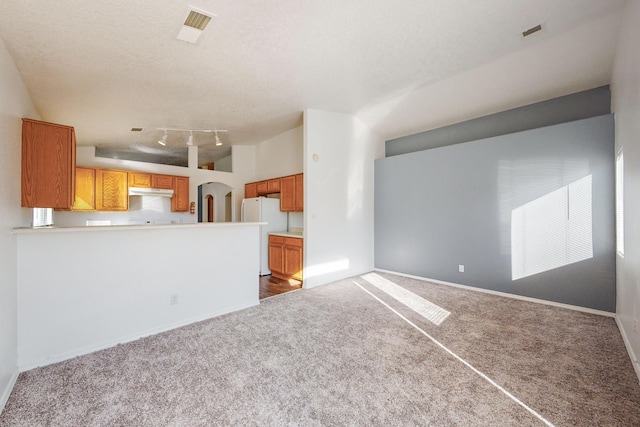 unfurnished living room with carpet floors, track lighting, and a textured ceiling