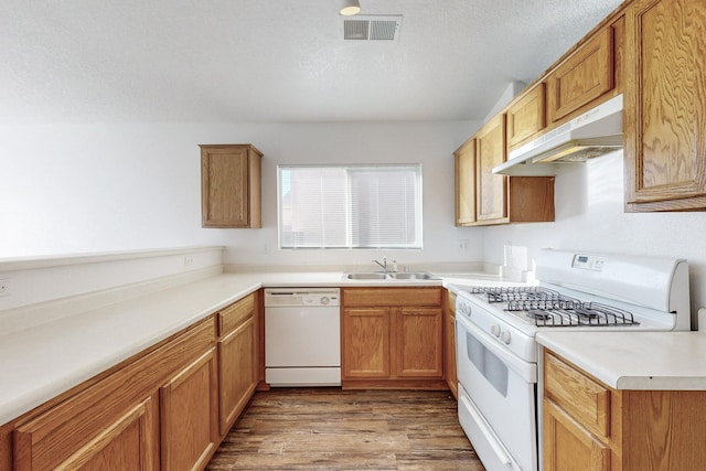 kitchen featuring light wood-type flooring, a textured ceiling, white appliances, and sink