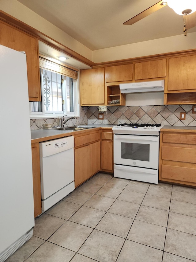 kitchen with white appliances, sink, decorative backsplash, ceiling fan, and light tile patterned flooring