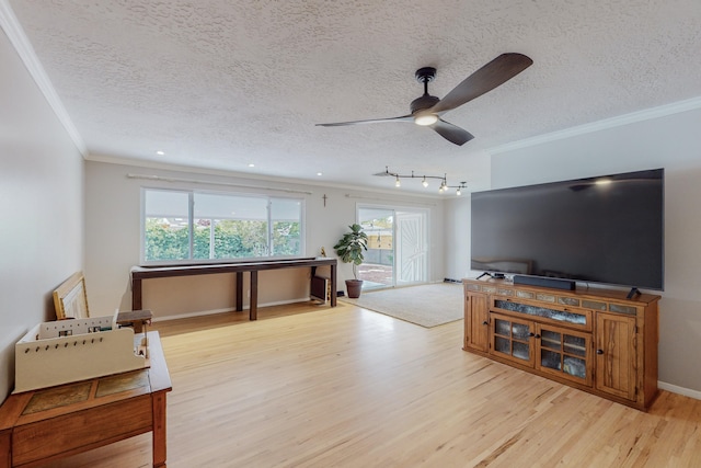 living room with light wood-type flooring, a textured ceiling, ornamental molding, and rail lighting