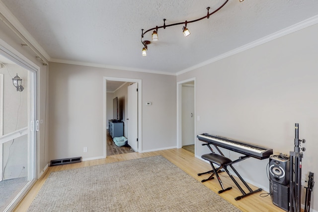 misc room with ornamental molding, plenty of natural light, a textured ceiling, and light wood-type flooring