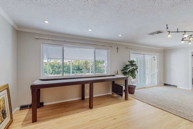 misc room featuring crown molding, a textured ceiling, and light wood-type flooring