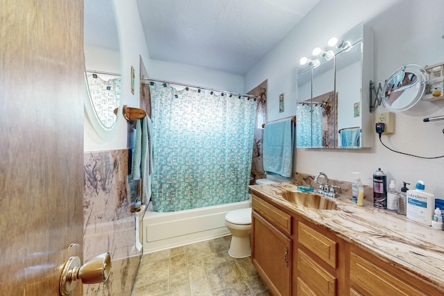 full bathroom featuring shower / tub combo, vanity, and toilet