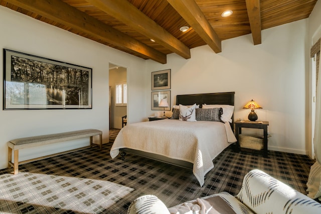 bedroom with beamed ceiling and wood ceiling