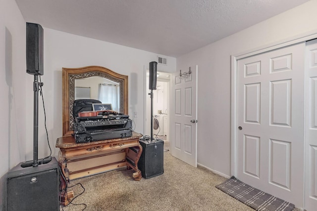 interior space featuring carpet flooring, washer / dryer, and a textured ceiling