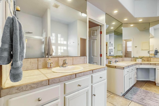 bathroom with tile patterned floors, vaulted ceiling, an enclosed shower, decorative backsplash, and vanity