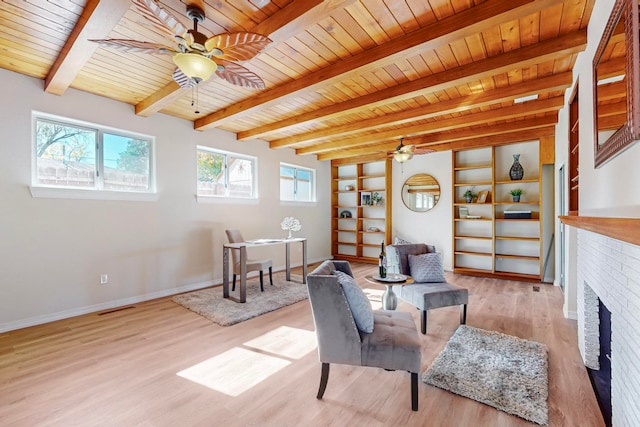 sitting room with beam ceiling, a wealth of natural light, light hardwood / wood-style floors, and wooden ceiling