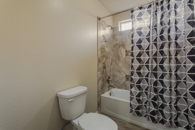 bathroom featuring shower / tub combo with curtain, hardwood / wood-style floors, and toilet