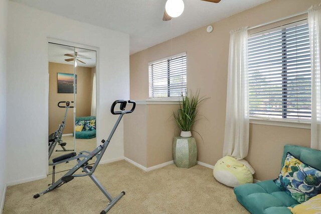 workout room featuring light colored carpet and a wealth of natural light