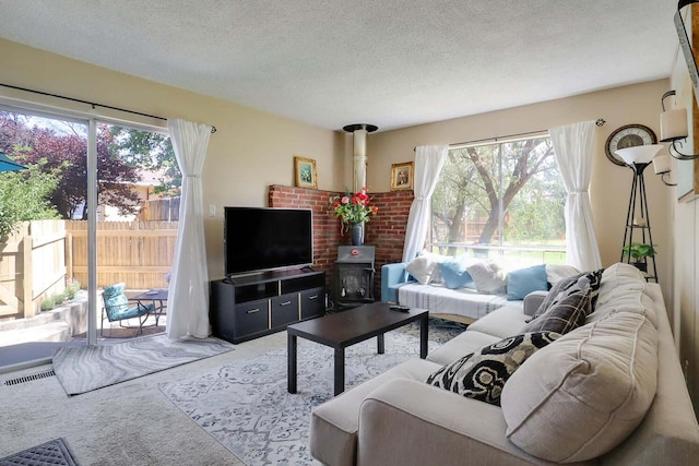 carpeted living room with a wood stove, a healthy amount of sunlight, and a textured ceiling