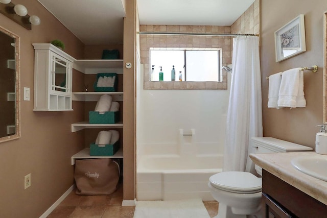 full bathroom featuring toilet, vanity, tile patterned floors, and shower / tub combo with curtain