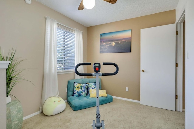 exercise area featuring carpet flooring, ceiling fan, and a textured ceiling