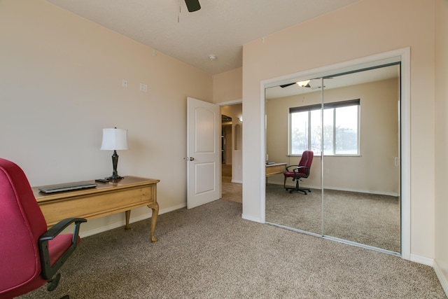 office with carpet floors and ceiling fan