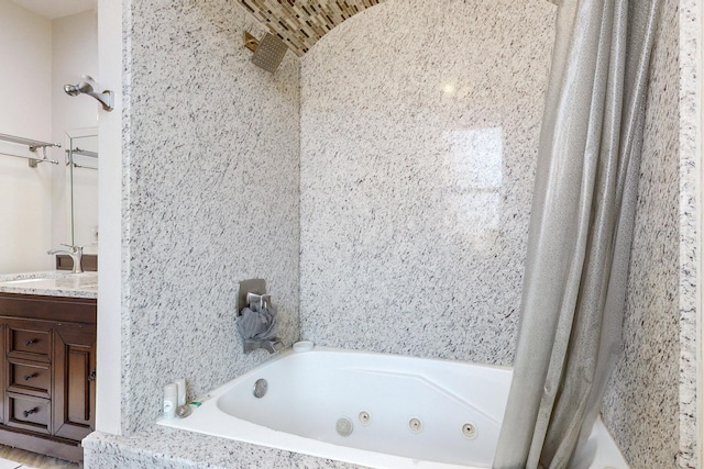 bathroom with brick ceiling and vanity