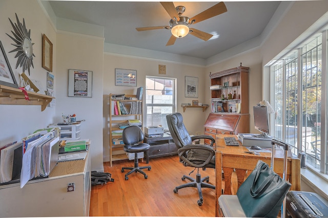 home office featuring ceiling fan and wood-type flooring