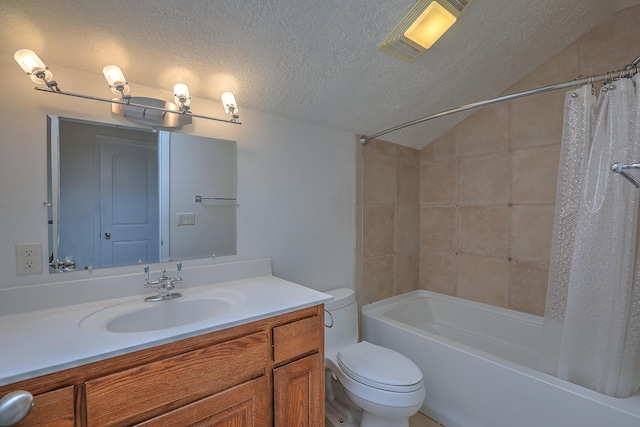 full bathroom featuring vanity, a textured ceiling, shower / bathtub combination with curtain, toilet, and lofted ceiling