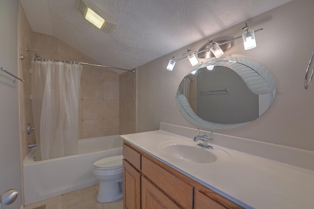 full bathroom with lofted ceiling, tile patterned floors, toilet, shower / bathtub combination with curtain, and a textured ceiling