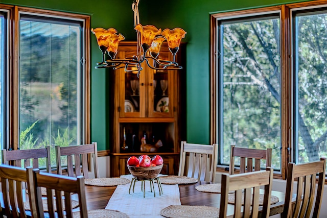 dining space featuring a wealth of natural light and a notable chandelier