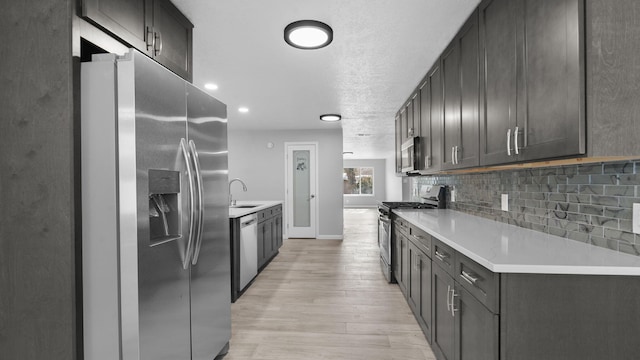 kitchen with tasteful backsplash, sink, light wood-type flooring, and appliances with stainless steel finishes