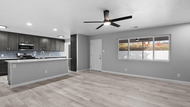 kitchen with ceiling fan, light hardwood / wood-style floors, stainless steel appliances, and a kitchen island with sink