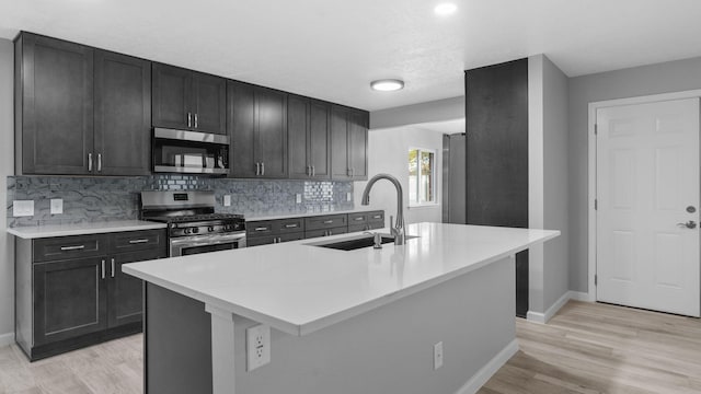 kitchen with tasteful backsplash, sink, stainless steel appliances, and a center island with sink