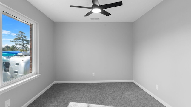 carpeted spare room featuring plenty of natural light and ceiling fan