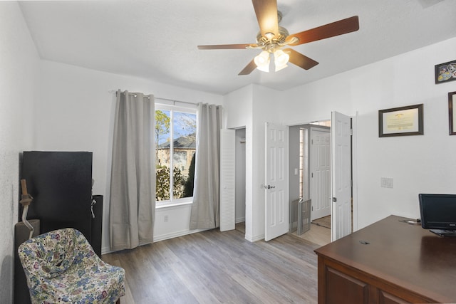 office space with ceiling fan and light wood-type flooring