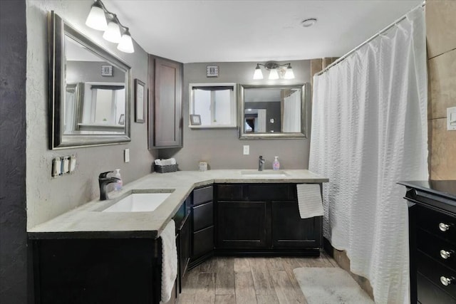 bathroom with vanity and hardwood / wood-style flooring