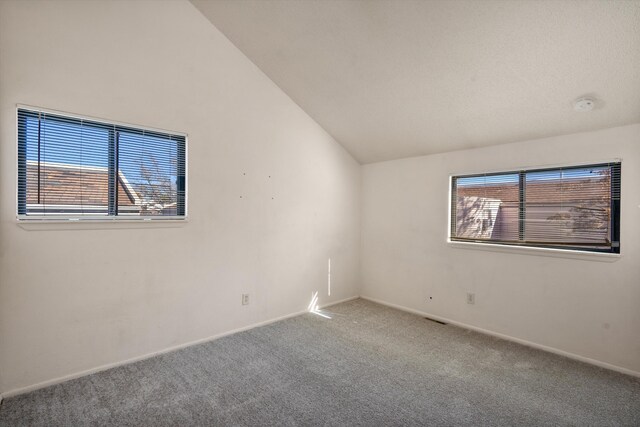 carpeted spare room featuring lofted ceiling and a healthy amount of sunlight