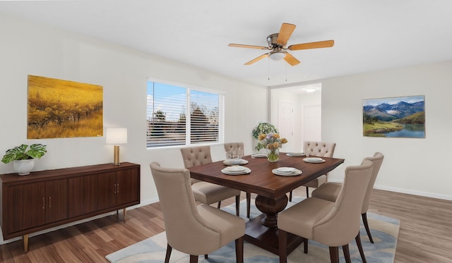 dining room with hardwood / wood-style flooring and ceiling fan