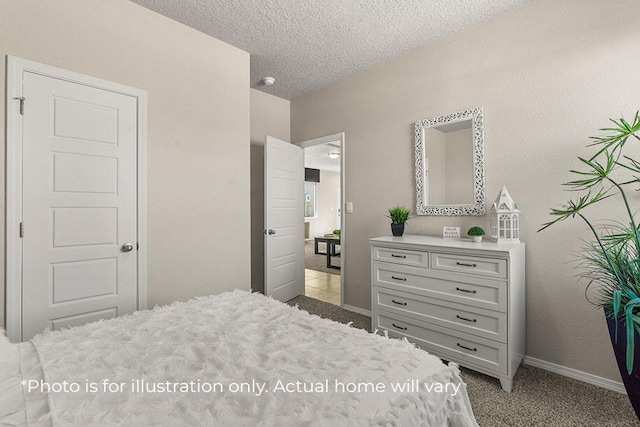 bedroom with a textured ceiling and light carpet