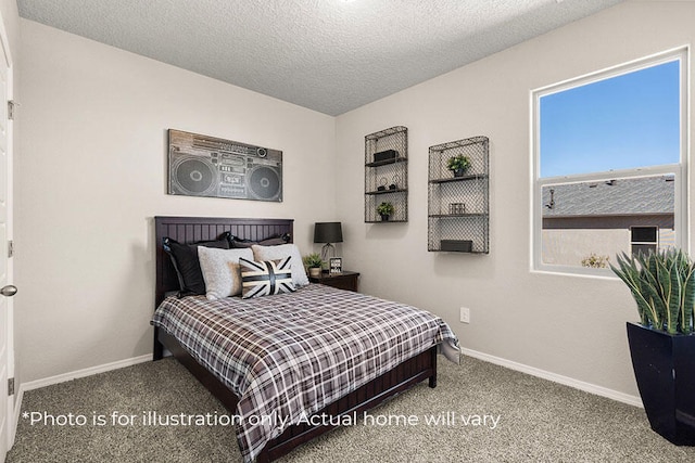 bedroom with carpet floors and a textured ceiling