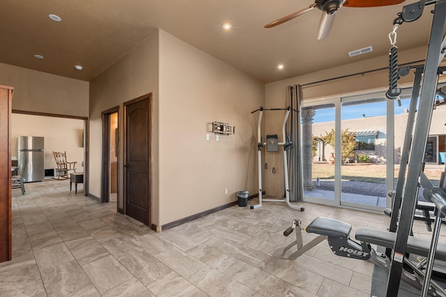 workout room with ceiling fan