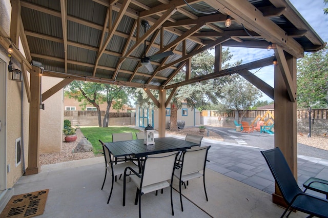 view of patio with a gazebo and ceiling fan