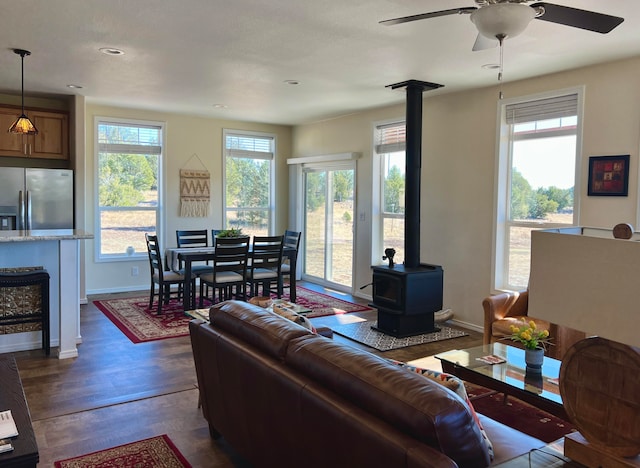 living room with a wood stove, a wealth of natural light, and dark hardwood / wood-style floors