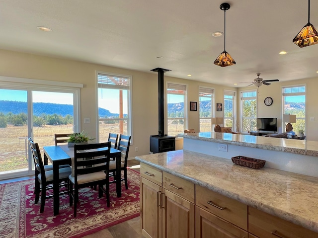 kitchen with hardwood / wood-style flooring, a mountain view, a wood stove, and a wealth of natural light