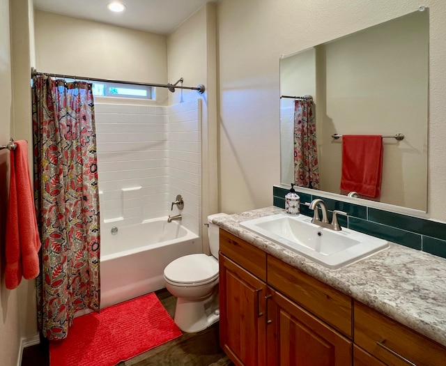 full bathroom featuring decorative backsplash, vanity, toilet, and shower / bathtub combination with curtain