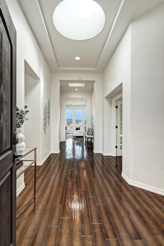 hall featuring dark hardwood / wood-style floors and a tray ceiling