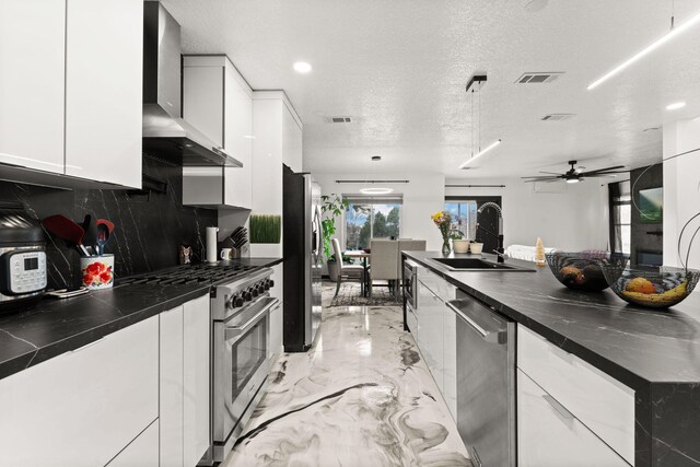 kitchen with wall chimney range hood, sink, a textured ceiling, appliances with stainless steel finishes, and white cabinetry