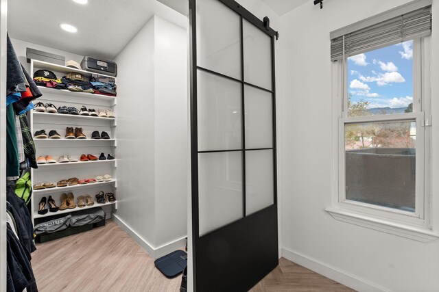 walk in closet with light wood-type flooring and a barn door